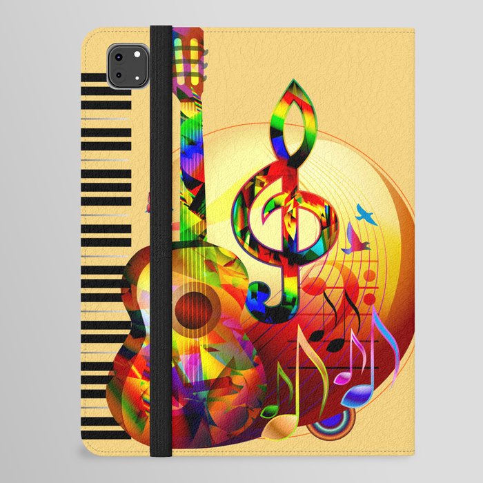 Colorful  music instruments painting, guitar, treble clef, piano, musical notes, flying birds iPad Folio Case