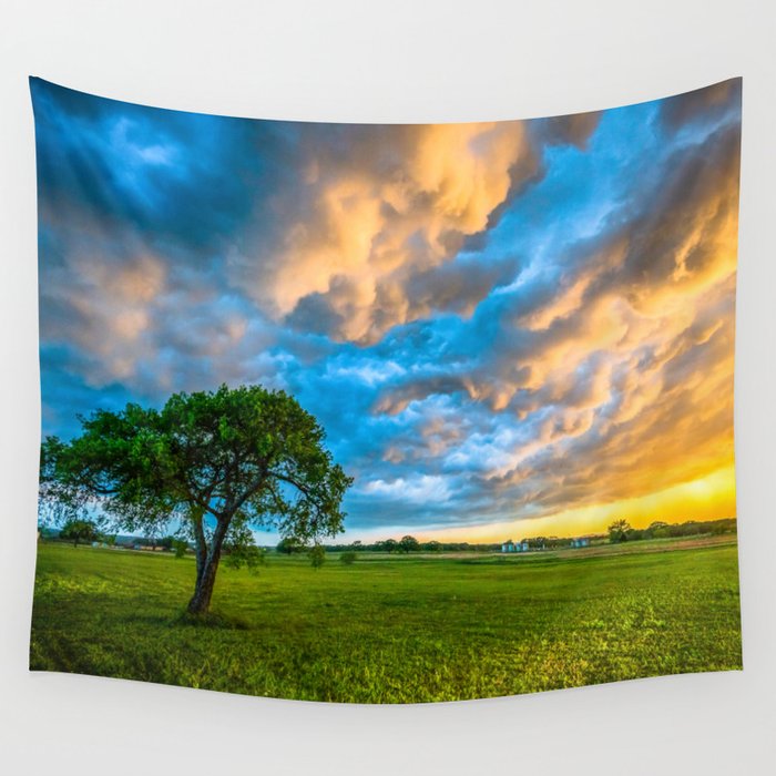 Fire and Ice - Lone Tree Under Colorful Storm Clouds at Sunset in Texas Wall Tapestry