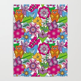 Colorful animals and flowers vintage seamless pattern Poster
