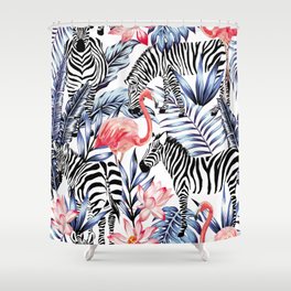 Exotic pink flamingo, zebra on background summer blue tropic palm leaf Shower Curtain