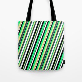 [ Thumbnail: Vibrant Green, Tan, Dark Slate Gray, White, and Black Colored Striped/Lined Pattern Tote Bag ]