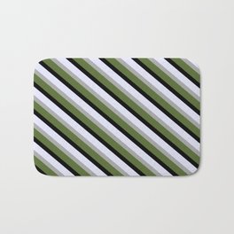 [ Thumbnail: Lavender, Dark Gray, Dark Olive Green, and Black Colored Pattern of Stripes Bath Mat ]