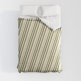 [ Thumbnail: Beige & Dark Olive Green Colored Striped/Lined Pattern Comforter ]