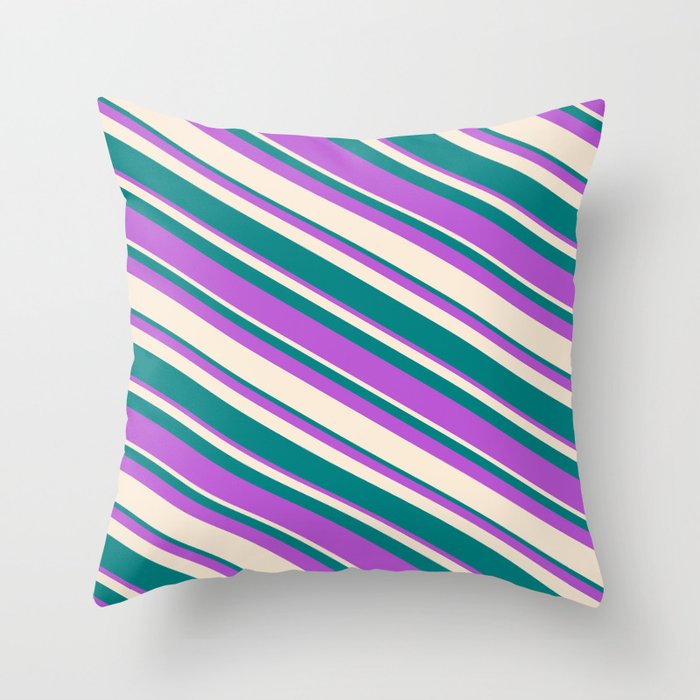 Orchid, Beige & Teal Colored Lines Pattern Throw Pillow