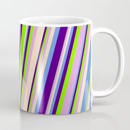 [ Thumbnail: Vibrant Bisque, Cornflower Blue, Indigo, Chartreuse & Plum Colored Lines Pattern Coffee Mug ]