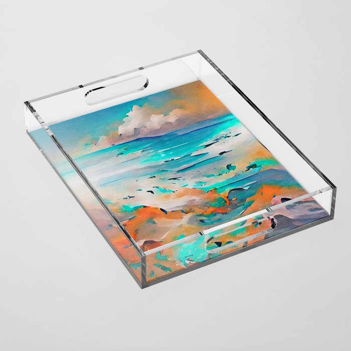 Ocean Sea Beach Coastal Landscape Abstract Watercolor Painting #1 Acrylic Tray