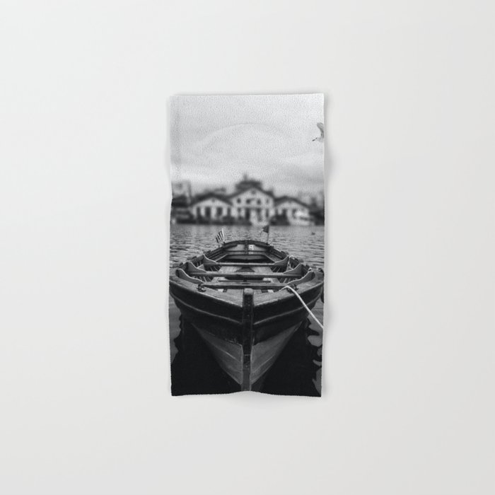 Ships in the blue harbor with seagull portrait black and white photograph / photography Hand & Bath Towel