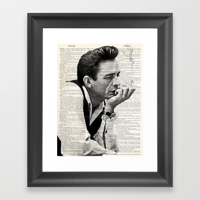 Johnny Cash smoking a cigarette over Vintage Dictionary Page Framed Art Print