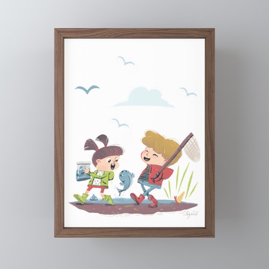 Beach Exploration Girl And Boy Framed Mini Art Print By