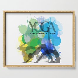 Yoga and meditation watercolor quotes in cool scheme- Yoga is the fountain of youth Serving Tray