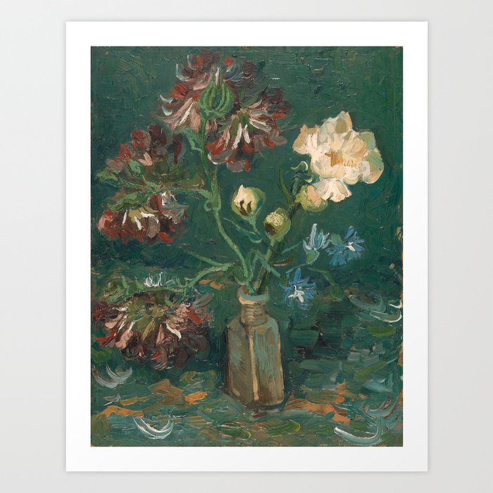 Van Gogh - Small Bottle with Peonies and Blue Delphiniums Art Print