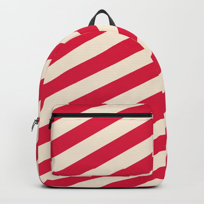 Beige & Crimson Colored Lined/Striped Pattern Backpack