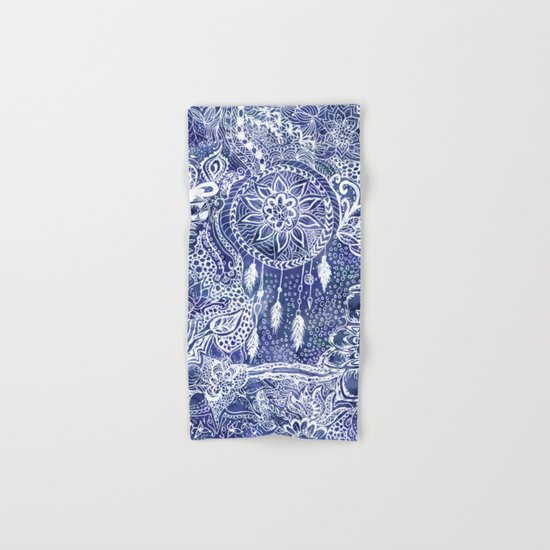Boho blue dreamcatcher feathers floral illustration Hand & Bath Towel