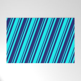 [ Thumbnail: Cyan & Midnight Blue Colored Stripes/Lines Pattern Welcome Mat ]