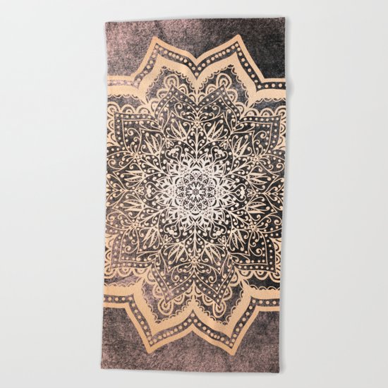 GOLD EARTH FLOWER MANDALA Beach Towel