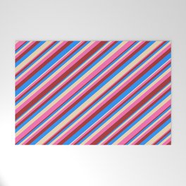 [ Thumbnail: Tan, Hot Pink, Brown & Blue Colored Striped Pattern Welcome Mat ]