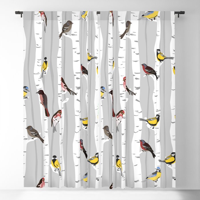 Songbirds sitting in the birch – soft coloured pattern Blackout Curtain