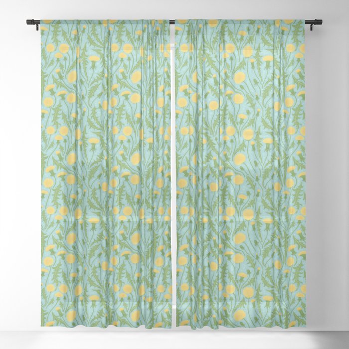 Dandelions, green, yellow and blue Sheer Curtain