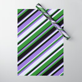 [ Thumbnail: Purple, Lavender, Forest Green & Black Colored Stripes Pattern Wrapping Paper ]