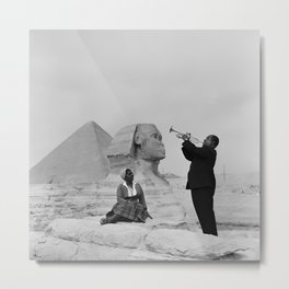 Louis Armstrong at the Spinx and Egyptian Pyrimids Vintage black and white photography / photographs Metal Print | Photo, Poster, Egypt, Pioneer, Jazz, Concert, Armstrong, Photographs, And, Louis 