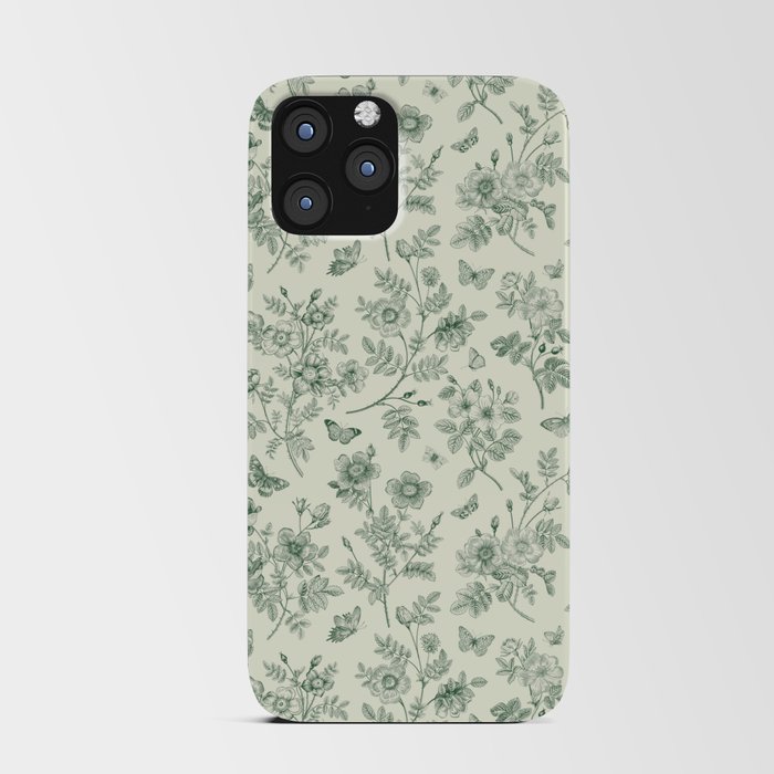 Toile de Jouy Wild Roses & Butterflies Forest Green Floral iPhone Card Case
