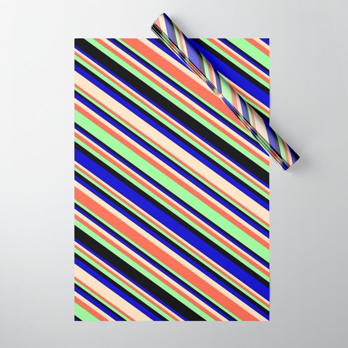 Eye-catching Blue, Bisque, Red, Green, and Black Colored Lines/Stripes Pattern Wrapping Paper
