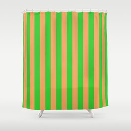 [ Thumbnail: Lime Green & Brown Colored Lined Pattern Shower Curtain ]