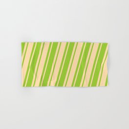 [ Thumbnail: Green & Tan Colored Striped Pattern Hand & Bath Towel ]
