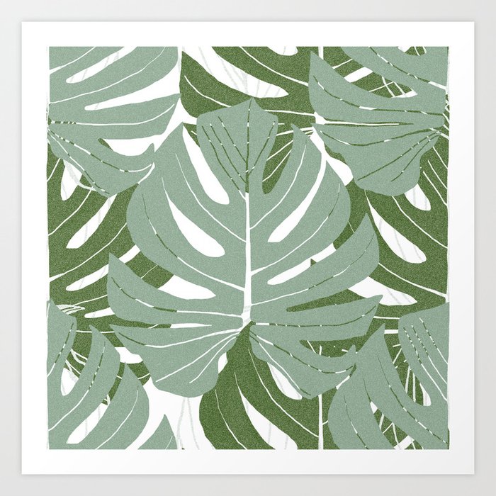 Large Monstera Leaves Calm Green Color White Background #decor #society6 #buyart Art Print