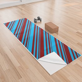 [ Thumbnail: Deep Sky Blue and Dark Red Colored Lined Pattern Yoga Towel ]