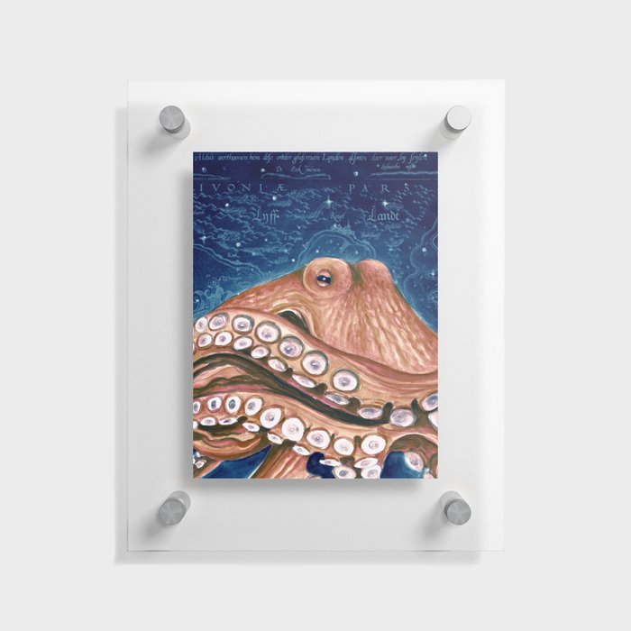 Red Octopus Blue Galaxy Vintage Map Nautical Watercolor Beach Kraken Floating Acrylic Print