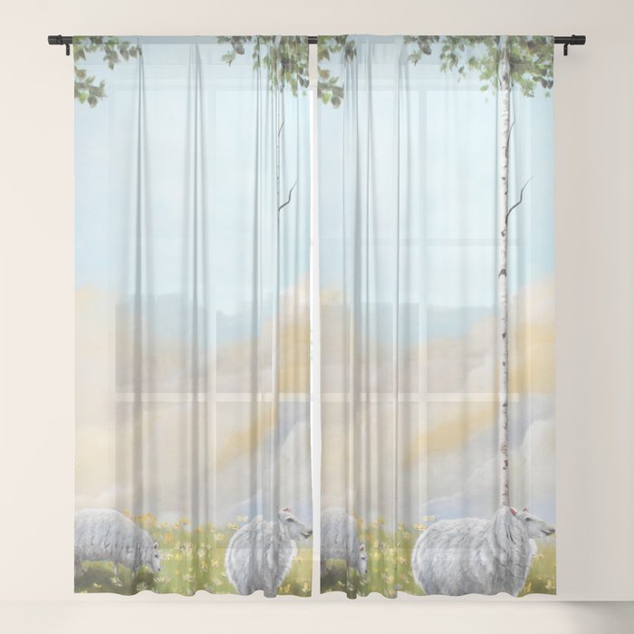 Afternoon On The Hill Birch Tree Painting Sheer Curtain By Mhughes