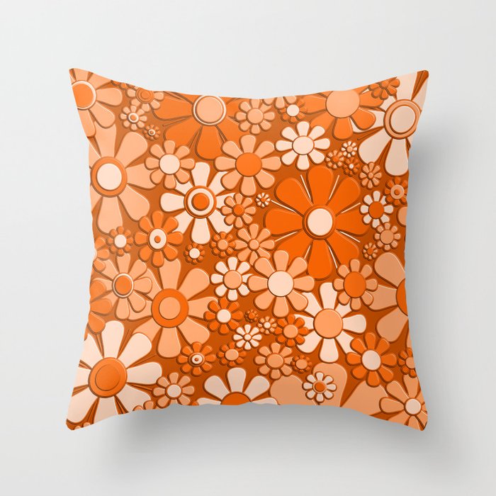 Plastic Flowers Retro 60s 70s Floral Pattern Print in Orange Throw Pillow