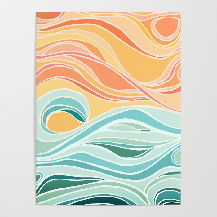 Sea and Sky Abstract Landscape Poster | Painting, Sea, Ocean, Waves, Sky, Sun, Clouds, Sunset, Sunrise, Abstract