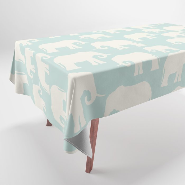 Ivory White Elephant Silhouette Pattern on Mint Green Tablecloth