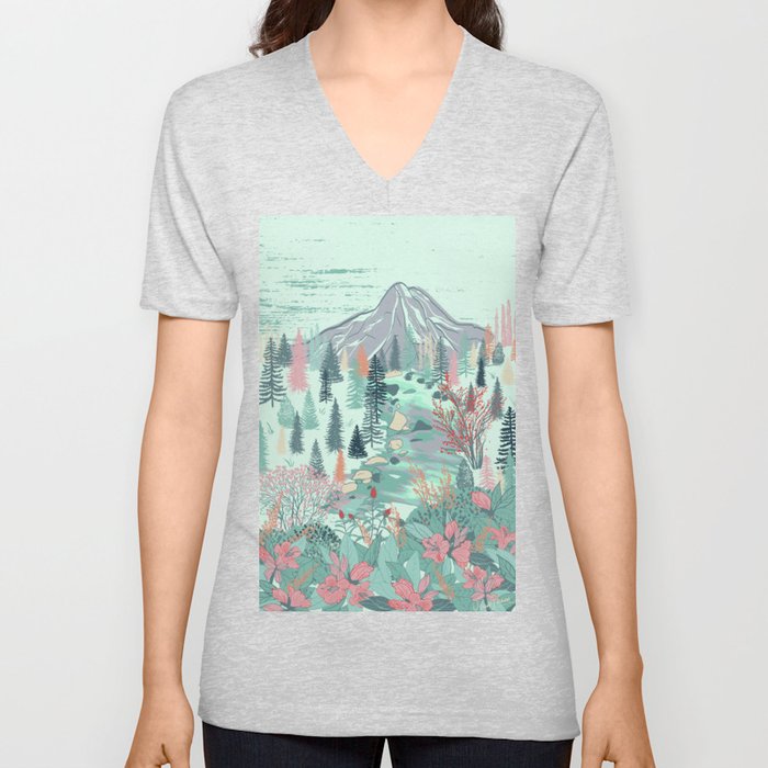 Moutain Rainier and Cedar River Landscape V Neck T Shirt