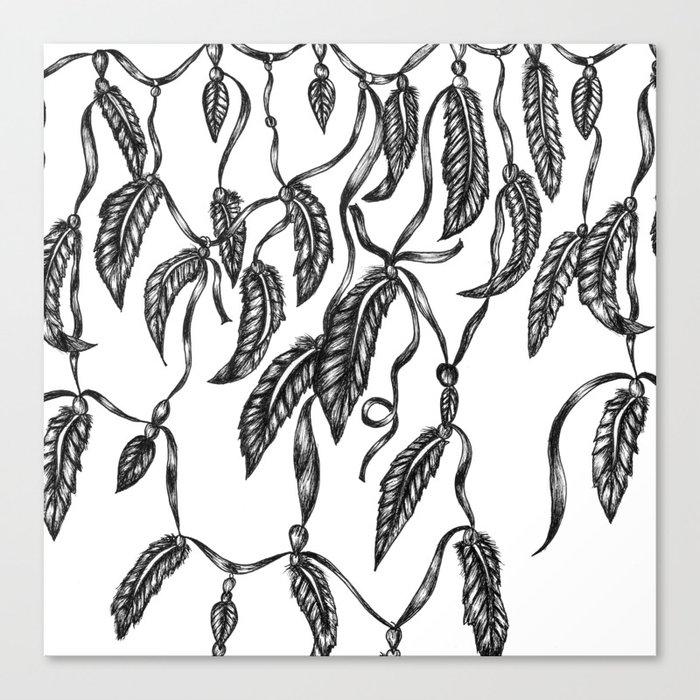 Black white handdrawn ethnic boho feathers ribbons Canvas Print