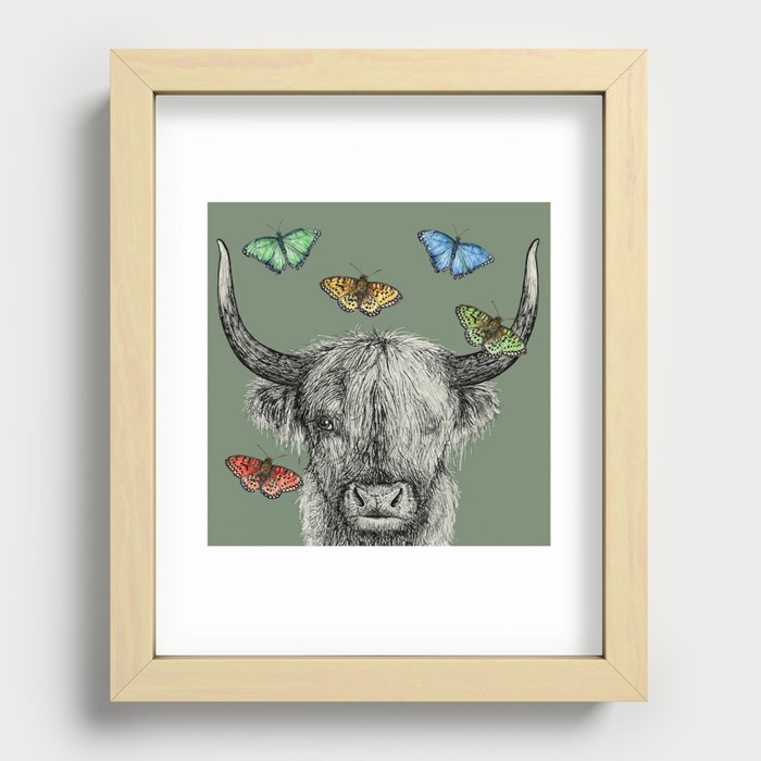 Heather the Highland Cow, Butterflies, pen and ink illustrations, green Recessed Framed Print