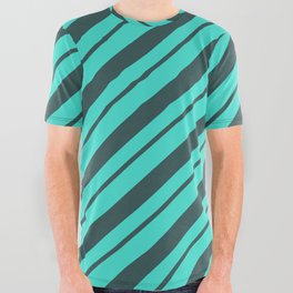 [ Thumbnail: Dark Slate Gray & Turquoise Colored Stripes Pattern All Over Graphic Tee ]