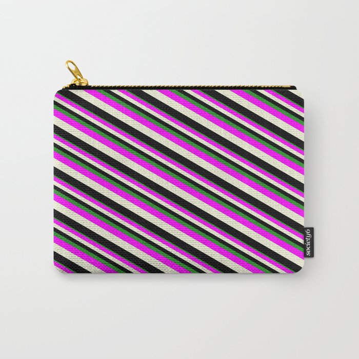 Forest Green, Fuchsia, Beige, and Black Colored Lined/Striped Pattern Carry-All Pouch