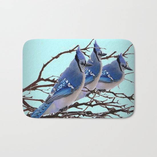 THREE AMERICAN BLUE JAYS ART WINTER ART Bath Mat