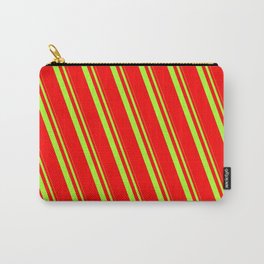 [ Thumbnail: Light Green and Red Colored Stripes Pattern Carry-All Pouch ]