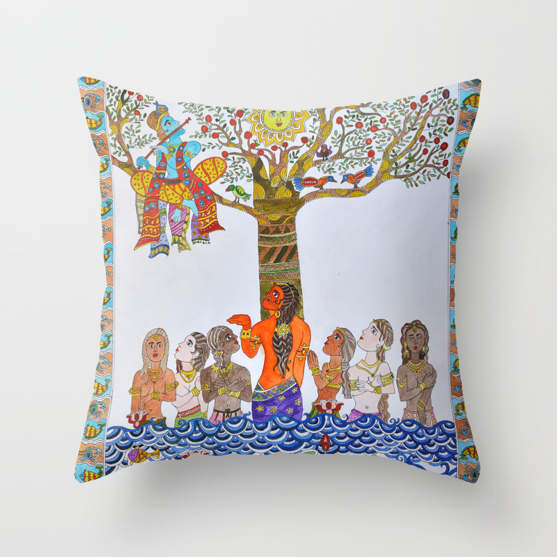 Krishna Leela Madhubani Painting Throw Pillow By Sudhir Society6