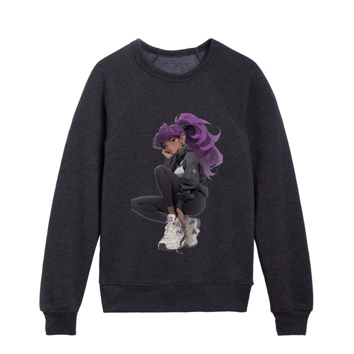 Purple haired sport girl Kids Crewneck