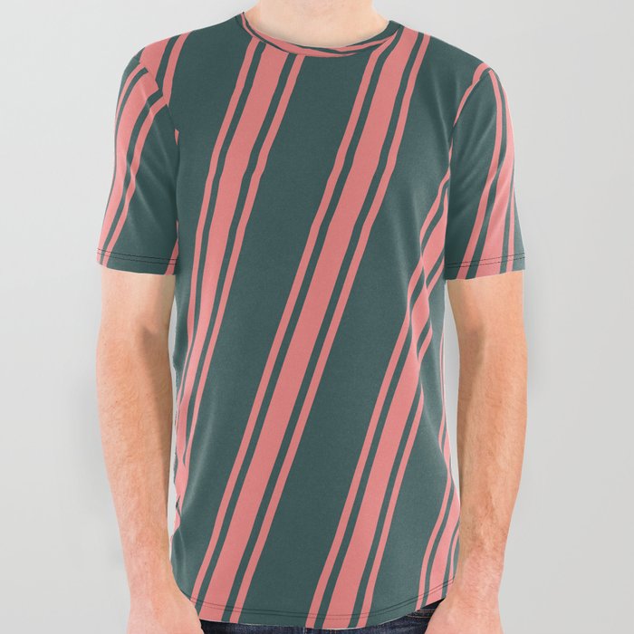 Dark Slate Gray & Light Coral Colored Stripes Pattern All Over Graphic Tee