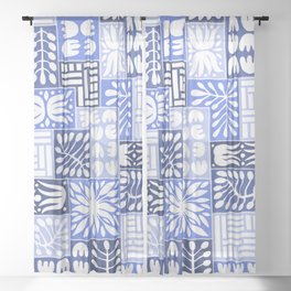 Stylized Floral Patchwork in Shades of Blue Sheer Curtain