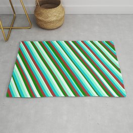 [ Thumbnail: Eyecatching Aquamarine, Dark Turquoise, Brown, Green, and Mint Cream Colored Pattern of Stripes Rug ]