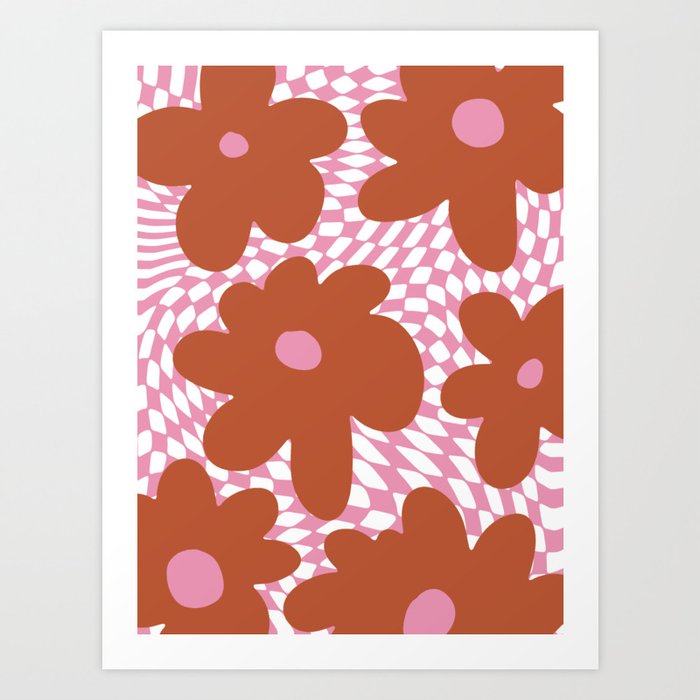  Retro Flowers on Warped Checkerboard \\ MUTED PINK & TERRACOTTA COLOR PALETTE Art Print