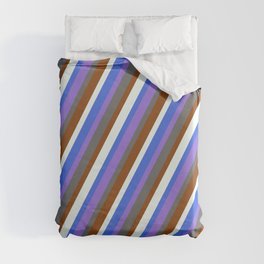 [ Thumbnail: Eye-catching Dim Grey, Brown, Mint Cream, Royal Blue, and Purple Colored Lines/Stripes Pattern Duvet Cover ]