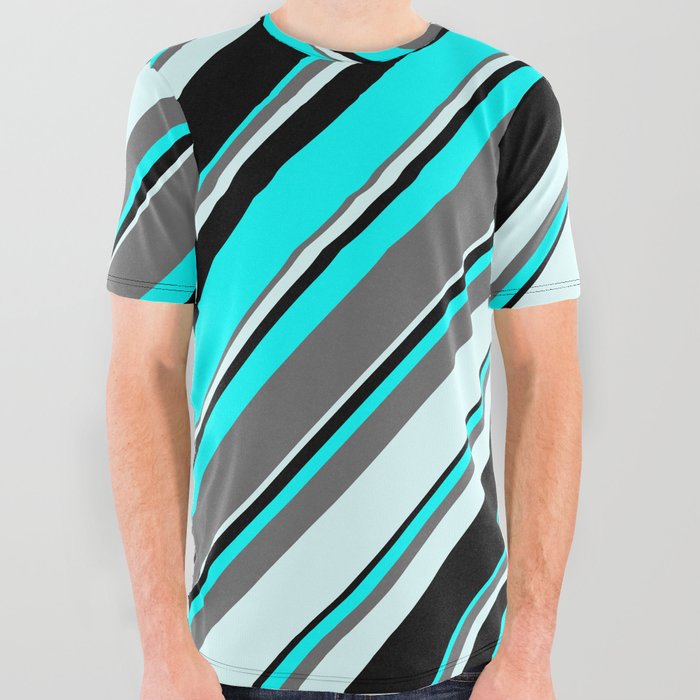 Aqua, Dim Gray, Light Cyan & Black Colored Lines/Stripes Pattern All Over Graphic Tee
